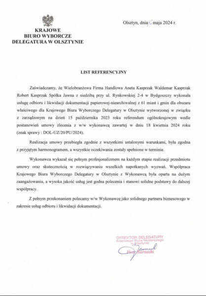 Referencje - niszczenie dokumentów - Krajowe Biuro Wyborcze - Olsztyn