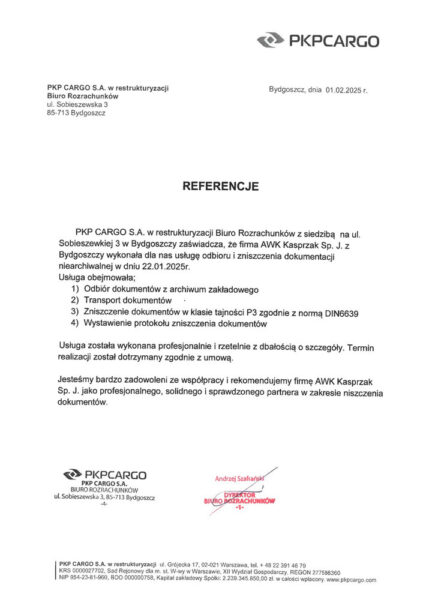 Referencje - niszczenie dokumentów - PKP Cargo Bydgoszcz