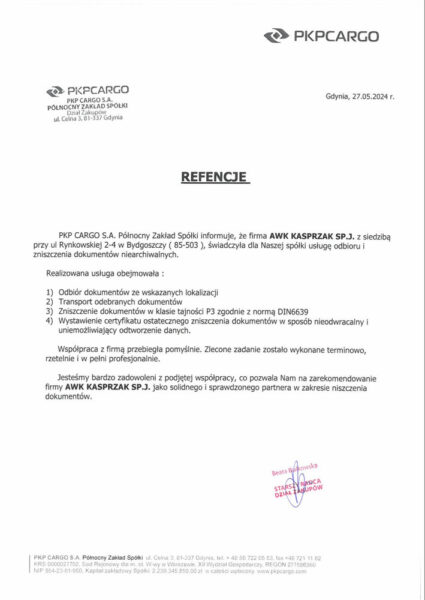 Referencje - niszczenie dokumentów - PKP Cargo Gdynia