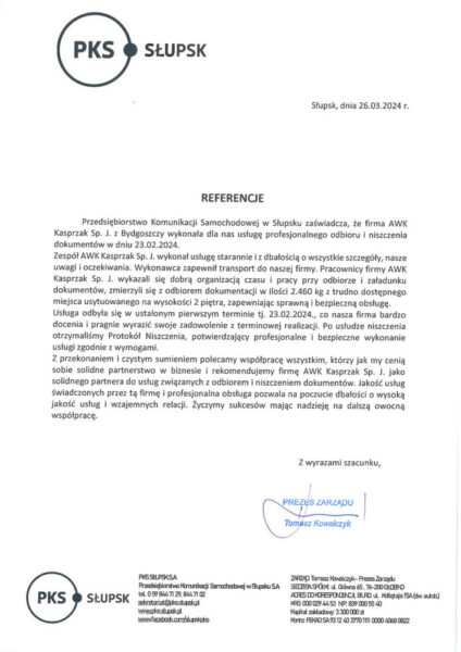 Referencje - niszczenie dokumentów - PKS Słupsk