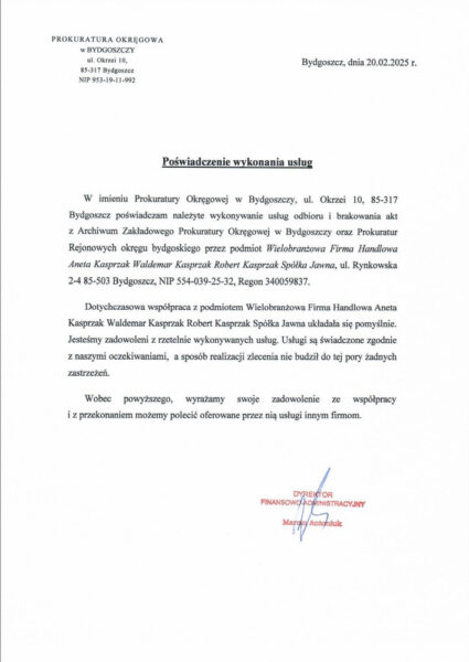 Referencje - niszczenie dokumentów - Prokuratura Okręgowa w Bydgoszczy