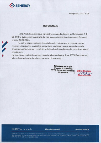 Referencje - niszczenie dokumentów - Symergy - Poznań